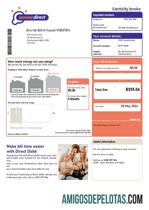 Em branco modelo de fatura de serviços públicos de eletricidade Powerdirect da Austrália em formato Word e PDF